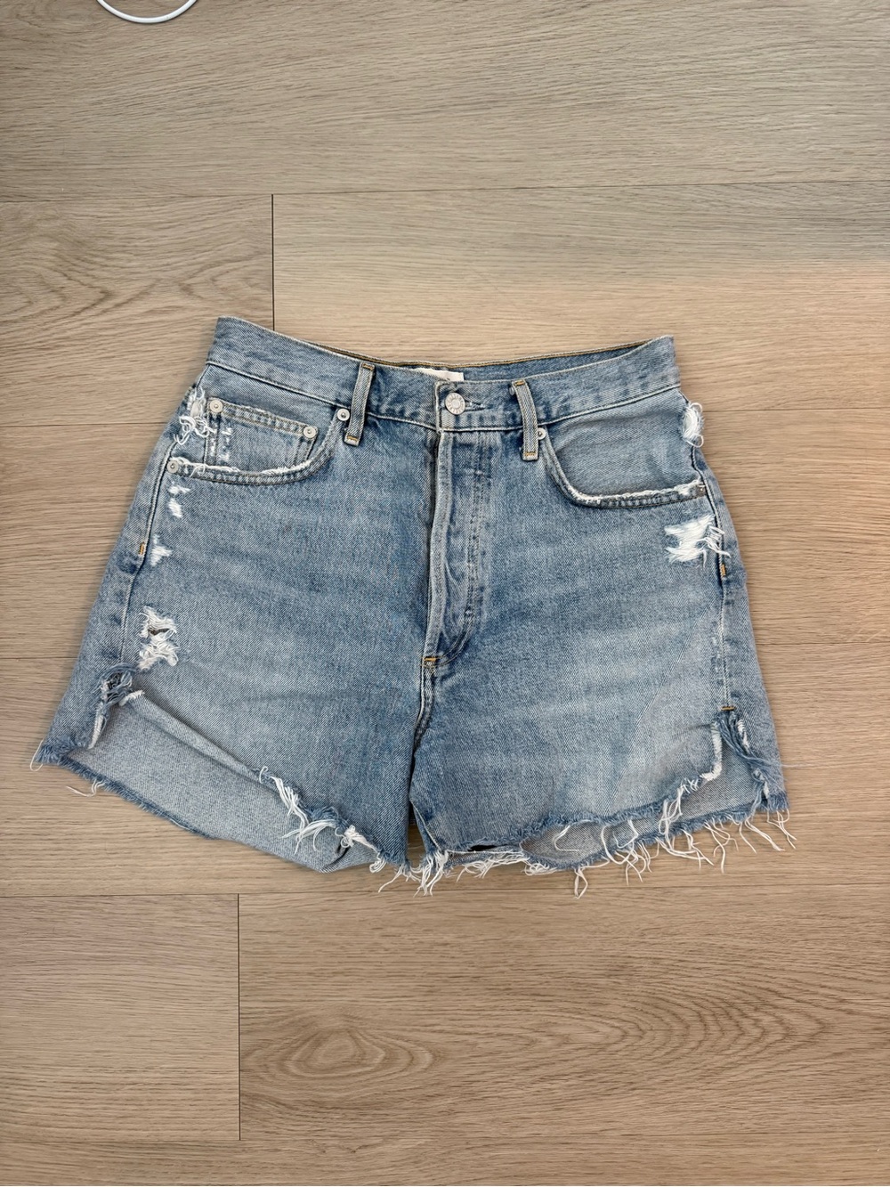 AGOLDE Light Wash Distressed Denim Shorts